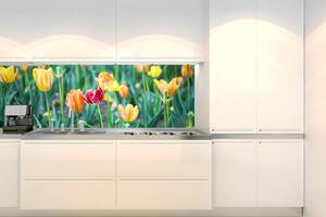 DIMEX | Fototapeta do kuchyne Tulipány KI-180-122 | 180 x 60 cm | zelená, červená, žltá