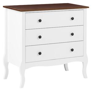 Komoda s 3 zásuvkami biela MDF úložný priestor vrchná doska z kaučukového dreva moderný francúzsky shabby chic štýl obývacia izba