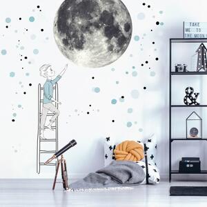 INSPIO-textilná prelepiteľná nálepka - Samolepka na stenu - Mesiac a Chlapec na rebríku s hviezdami, veľká nálepka