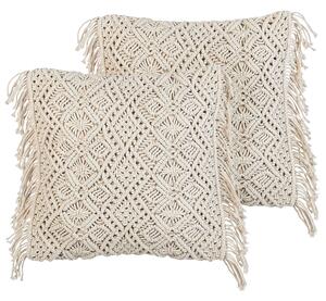 Sada 2 dekoratívnych vankúšov béžová bavlna makramé 45 x 45 cm so strapcami boho retro štýl doplnky