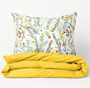 Goldea bavlnené posteľné obliečky duo - maľované kvety s lístkami so žltou 140 x 220 a 70 x 90 cm