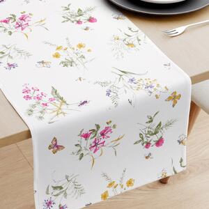 Goldea behúň na stôl 100% bavlnené plátno - farebné lúčne kvety na bielom 35x140 cm