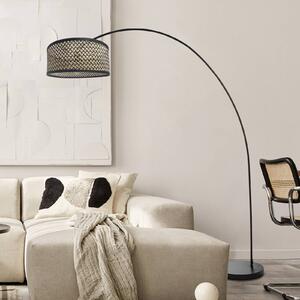 Lukové svietidlo Solva, čierne, pletivový tienidlo čierne/drevené, Čierna, Obývacia izba / jedáleň, kov, Oblúková stojaca lampa
