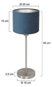 Stolová lampa Noor, oceľ/modrý velúr, výška 50 cm, E27, Hliník / sivá / zinok, Obývacia izba / jedáleň, kov, Stojacie svietidlo