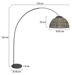 Lukové svietidlo Curve, čierne, tienidlo na lampu z bambusového prútia, Ø 60 cm, Čierna, Obývacia izba / jedáleň, kov, Oblúková stojaca lampa