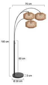 Stojacia lampa Nox Light s 3-pl. žiarovkami, čierna, hnedý kábel, E27, Čierna, Obývacia izba / jedáleň, kov, Oblúková stojaca lampa