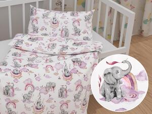 Biante Detské bavlnené posteľné obliečky do postieľky Sandra SA-464 Slony s fialovou dúhou na bielom Do postieľky 90x130 a 40x60 cm