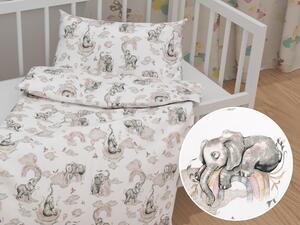 Biante Detské bavlnené posteľné obliečky do postieľky Sandra SA-462 Slony so sivohnedou dúhou na bielom Do postieľky 90x120 a 40x60 cm