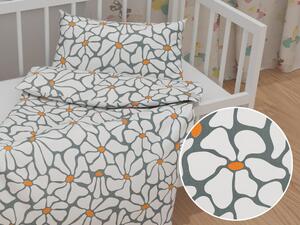 Biante Detské bavlnené posteľné obliečky do postieľky Sandra SA-491 Biele designové kvety na sivom Do postieľky 100x135 a 40x60 cm