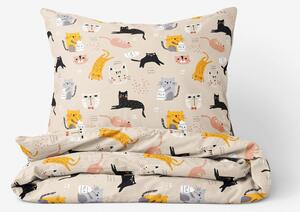 Goldea detské bavlnené obliečky - veselé mačky na béžovom 140 x 200 a 70 x 90 cm