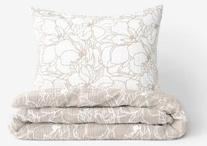 Goldea krepové posteľné obliečky - biele kvety na svetle béžovom 140 x 200 a 70 x 90 cm