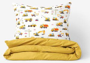 Goldea detské bavlnené obliečky duo - nákladné autá a bagre s medovo žltou 140 x 200 a 70 x 90 cm