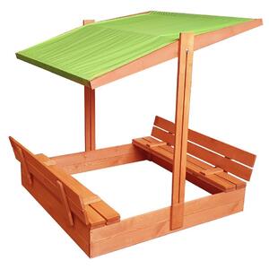 Zatvárateľné pieskovisko s lavičkami a strieškou zelenej farby 120 x 120 cm Zelená