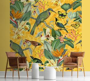 Fototapeta Žlté abstrakčné vtáky na zelenej vetve - Andrea Haase Materiál: Vliesová, Rozmery: 100 x 100 cm