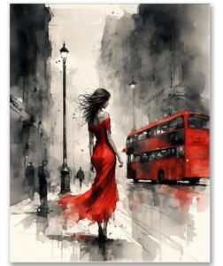 Žena v červených šatách v uliciach Londýna – Obraz s romantickou atmosférou 30x40cm