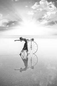 Umelecká fotografie Ballerina dancing with old bicycle on the lake, 101cats, (26.7 x 40 cm)