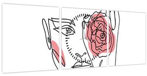 Obraz - Line art tvár s ružou (s hodinami) (90x30 cm)