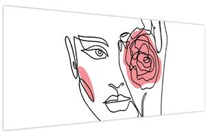 Obraz - Line art tvár s ružou (120x50 cm)