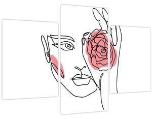 Obraz - Line art tvár s ružou (90x60 cm)