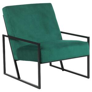 Kreslo zelené zamatové čalúnené čierny kovový rám moderná elegantná obývacia izba