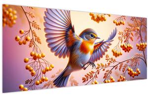 Obraz - Vták s jarabinou (120x50 cm)