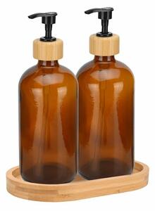 Dávkovač saponátu a mydla Dallas, hnedá/s čiernymi a drevenými prvkami, 500 ml, sada 2ks