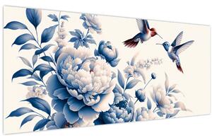 Obraz - Kolibríky nad kvetinou (120x50 cm)