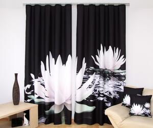 Krásny čierny záves 3D do obývačky s bielymi leknami Čierna
