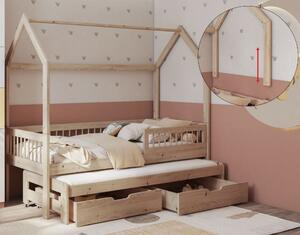 Detská domčeková posteľ z masívu borovice ASHER II so šuplíkmi a prístelkou - 200x90 cm - prírodná borovica