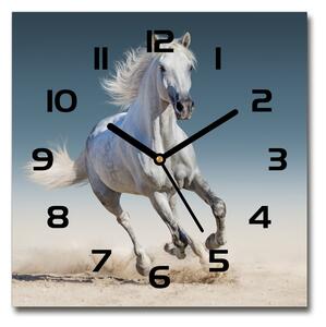 Sklenené hodiny štvorec Biely kôň v cvale