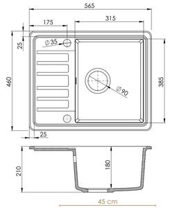 Sink Quality Sapphire, granitový kuchynský drez 565x460x210 mm + zlatý sifón, 1-komorový, biela, SKQ-SAP.W.1KKO.XG