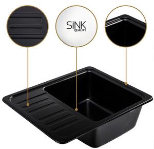 Sink Quality Sapphire, granitový kuchynský drez 565x460x210 mm + chrómový sifón, 1-komorový, čierna, SKQ-SAP.C.1KKO.X