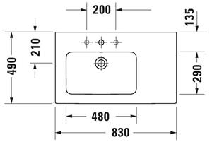 Duravit ME by Starck - Umývadlo do nábytku asymetrické, s prepadom, 830x490 mm, 1 otvor na batériu, biela 2345830000