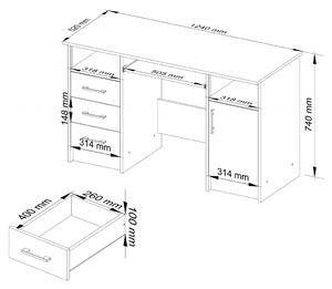 Ak furniture Voľne stojaci písací stôl ANA 124 cm biely/grafitový