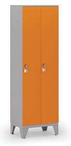 Drevená šatníková skrinka, 2 oddiely, otočný zámok, sivá / oranžová