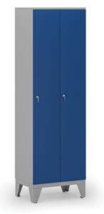 Drevená šatníková skrinka, 2 oddiely, cylindrický zámok, sivá / modrá