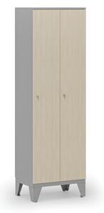 Drevená šatníková skrinka, 2 oddiely, cylindrický zámok, sivá/breza