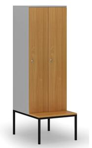 Drevená šatníková skrinka s lavičkou, 2 oddiely, cylindrický zámok, sivá/buk