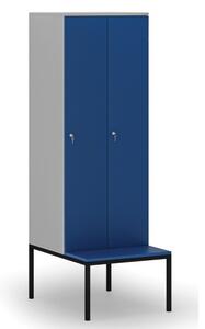 Drevená šatníková skrinka s lavičkou, 2 oddiely, cylindrický zámok, sivá / modrá
