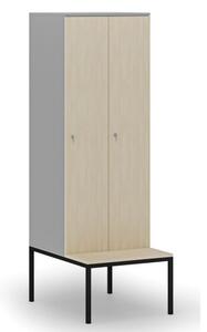 Drevená šatníková skrinka s lavičkou, 2 oddiely, cylindrický zámok, sivá/breza