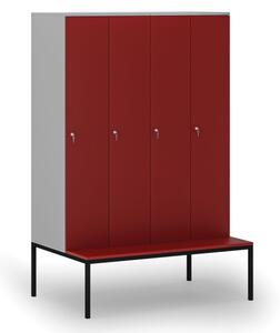 Drevená šatníková skrinka s lavičkou, 4 oddiely, cylindrický zámok, sivá / červená