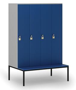 Drevená šatníková skrinka s lavičkou, 4 oddiely, otočný zámok, sivá / modrá