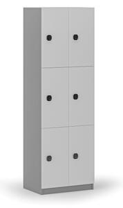 Drevená šatníková skrinka s úložnými boxmi, 6 boxov, kódový zámok, sivá/biela