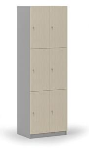 Drevená šatníková skrinka s úložnými boxmi, 6 boxov, cylindrický zámok, sivá/breza