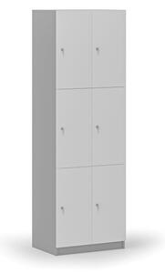 Drevená šatníková skrinka s úložnými boxmi, 6 boxov, cylindrický zámok, sivá/biela