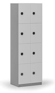 Drevená šatníková skrinka s úložnými boxmi, 8 boxov, kódový zámok, sivá/biela