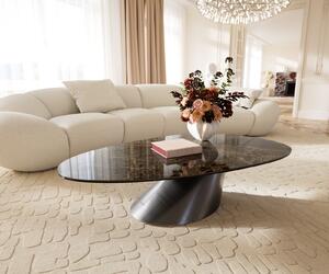 DELIFE Konferenčný stolík Edge oválny 140x75 cm keramika Laminam® Emperador Extra Lucidato tmavohnedá Conis metalická strieborná
