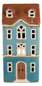 Modrý keramický svietnik na čajovú sviečku domček Amster Village - 11*9*22 cm - Clayre & Eef