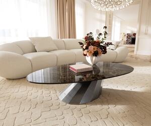 DELIFE Konferenčný stolík Edge oválny 140x75 cm keramika Laminam® Emperador Extra Lucidato tmavohnedá Parabi metalická strieborná