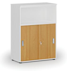 Kombinovaná kancelárska skriňa so zásuvnými dverami PRIMO WHITE, 1087 x 800 x 420 mm, biela/buk